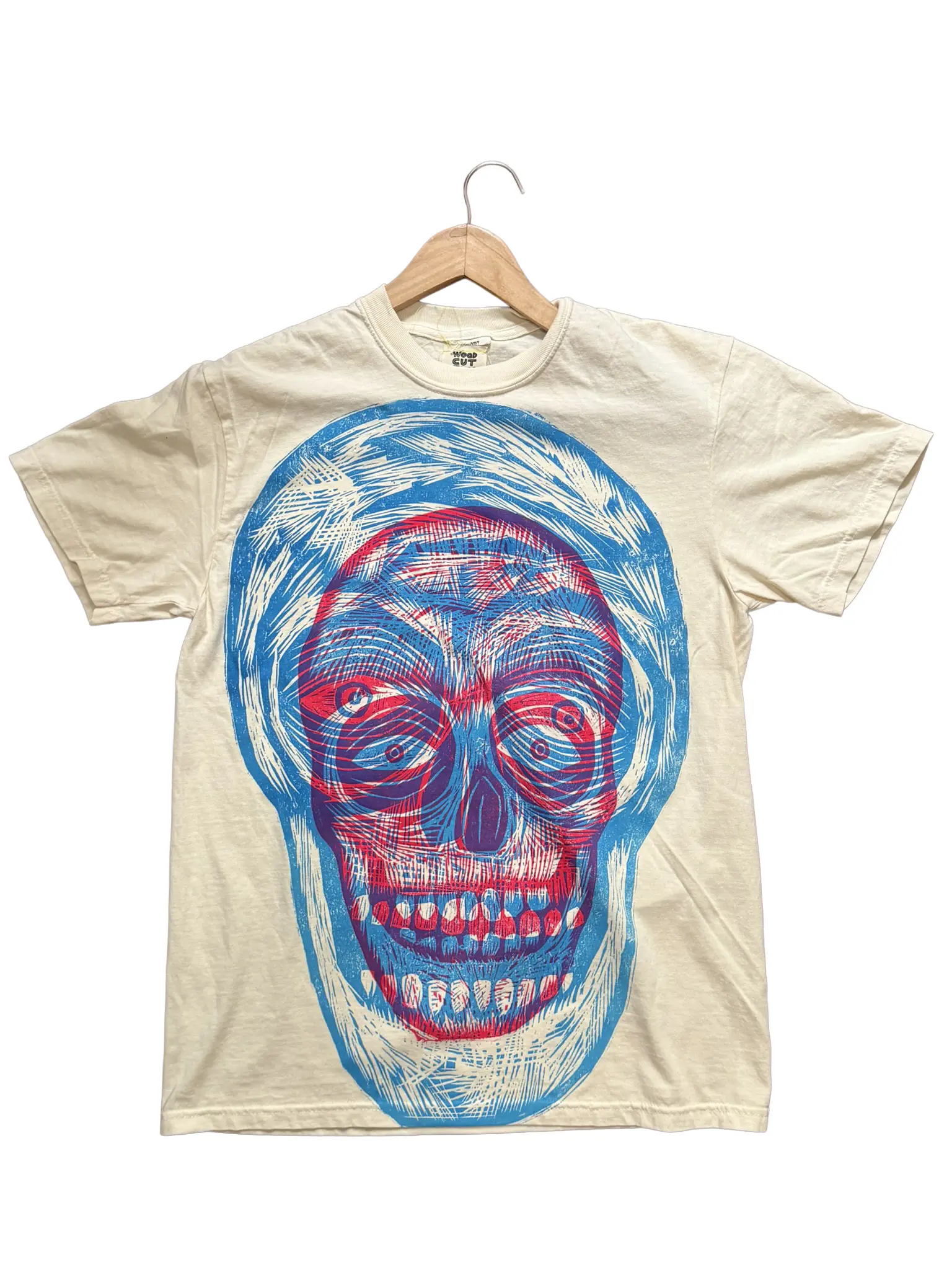Men's Baggy Shortsleeve Crew Neck Cotton Tshirt - Loose Fit, Personalized Double Skull Woodcut Handprint Graphics, Red-Blue Oil-Based Relief Ink, Long-Lasting Cold-Wash Fabric, Casual Streetwear for Any Occasion