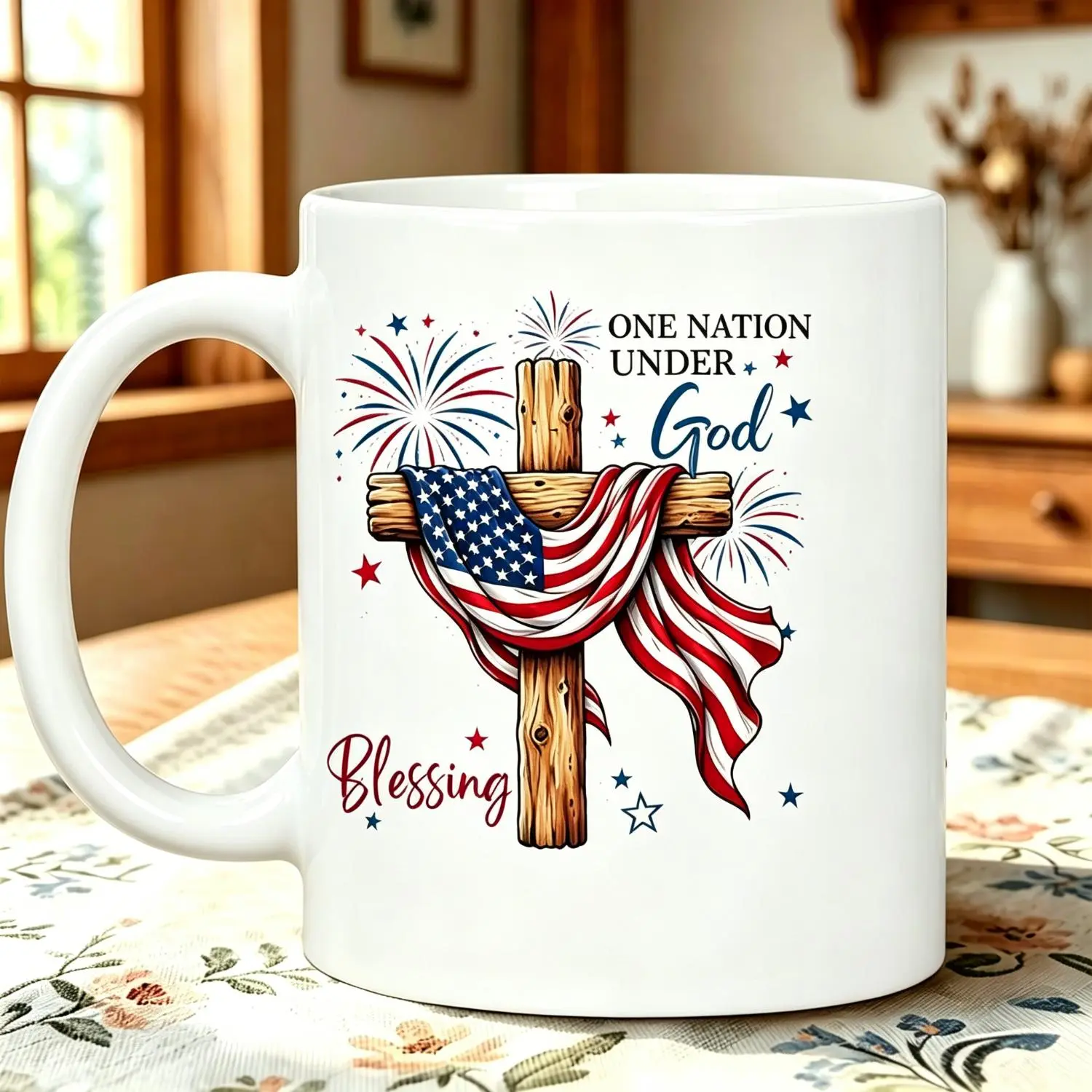American Flag One Nation Under God Blessing Women Men Reusable Coffee Cups 4th Of July Firework USA Patriotic T11Oz Ceramic Mug