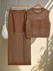 Women's Crochet Knit Two-Piece Set, Sleeveless Hollow Out Crop Top & Long Skirt, Breathable Mesh Knitwear for Beach Vacation