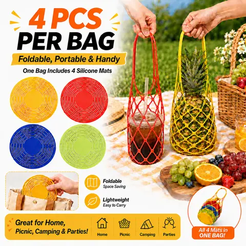 Heat Resistant Silicone Kitchenware & Drinkware Accessories Set - 4-Pack Multi-Use Storage Bag, Multifunctional Mesh Coaster, Collapsible Wine Carrier, Cup Holder, Foldable Tote, Eco-Reuse, Heat/Cold Insulation Protects Tables