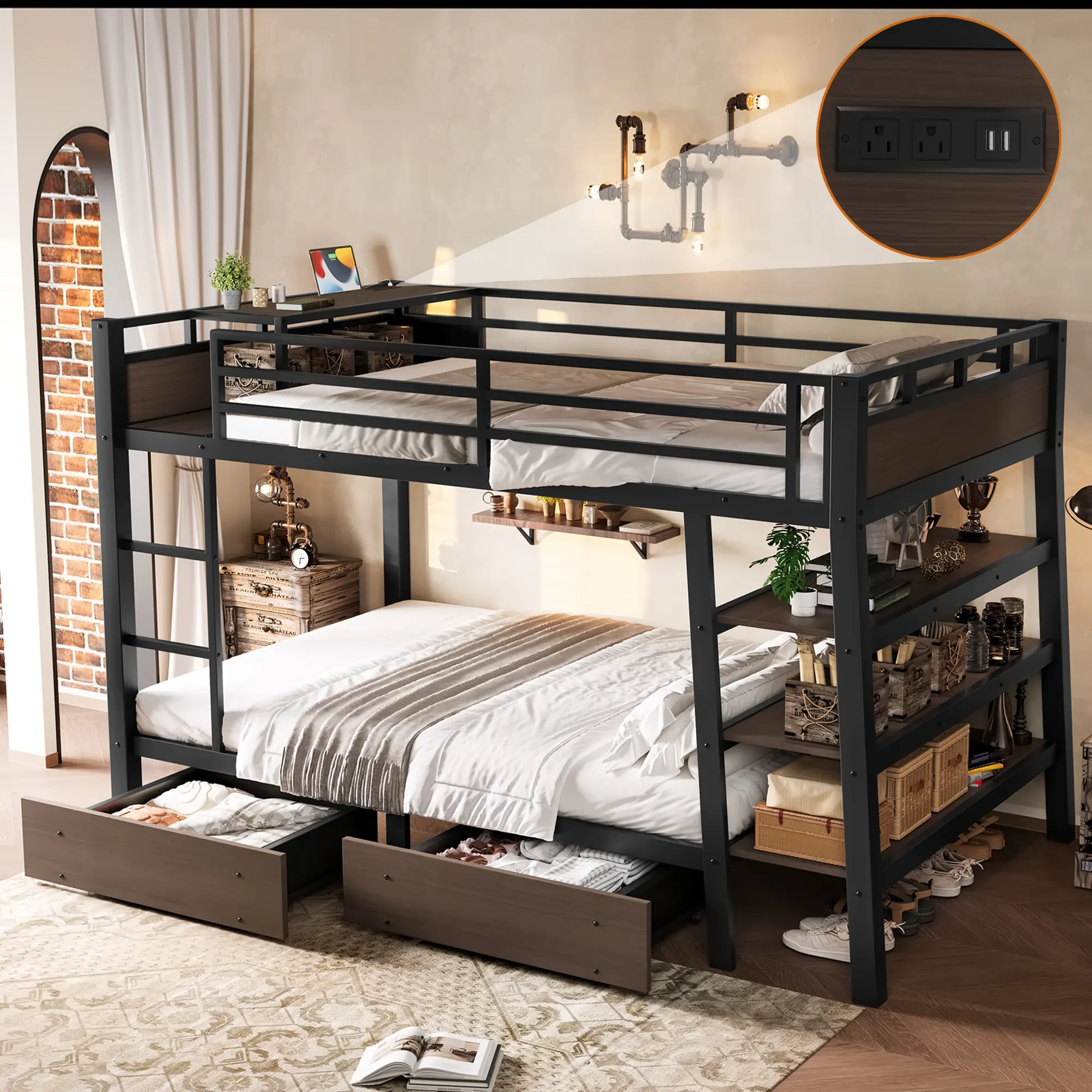 Full Size Metal Bunk Bed with Storage Shelves LED Light Strip USB Power Strip Black Twin Over Full Space-Saving Bed Frame for Kids Teens Adults Bedroom Dormitory Furniture, Bedroom Furniture for Bedroom, Guest Room, Kids Room, Teen Room