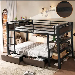 Full Size Metal Bunk Bed with Storage Shelves LED Light Strip USB Power Strip Black Twin Over Full Space-Saving Bed Frame for Kids Teens Adults Bedroom Dormitory Furniture, Bedroom Furniture for Bedroom, Guest Room, Kids Room, Teen Room