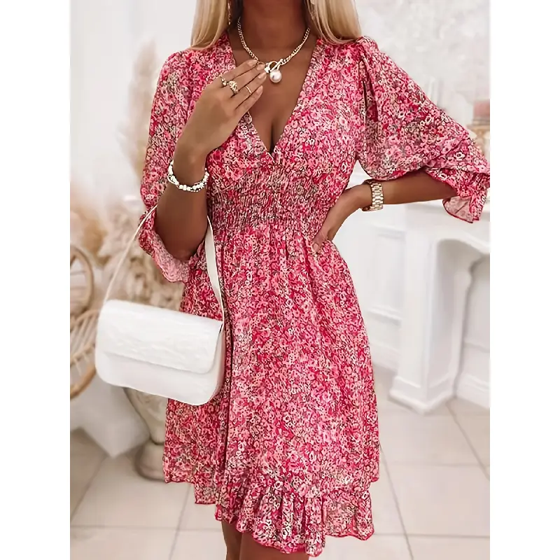 3/4 Sleeve Shirred Waist V Neck Floral Print Dress - Exquisitely Elegant Design For Women - Perfect For Spring And Fall Seasons Womens Clothing Casual