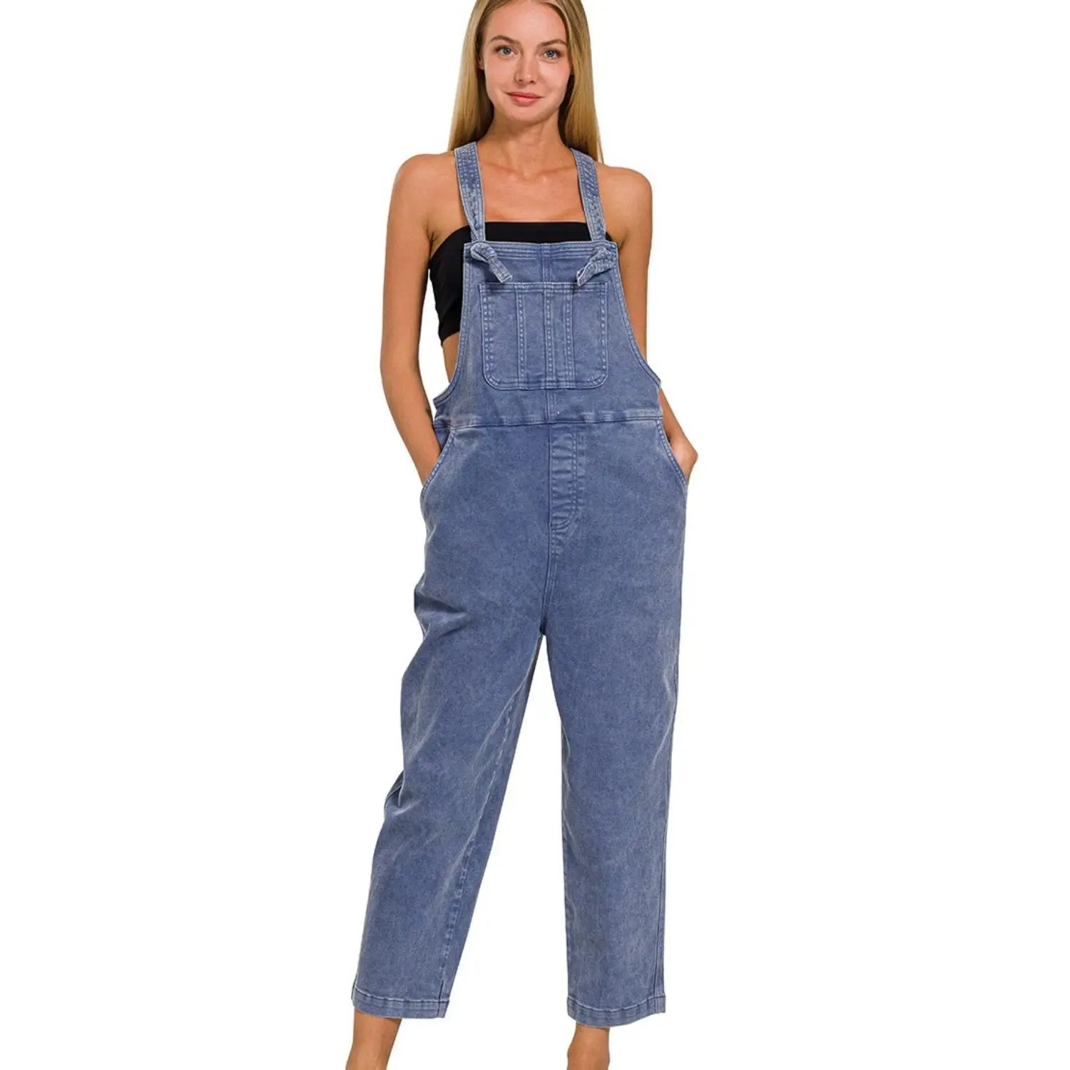 Zenana Washed Knot Strap Relaxed Fit Overalls