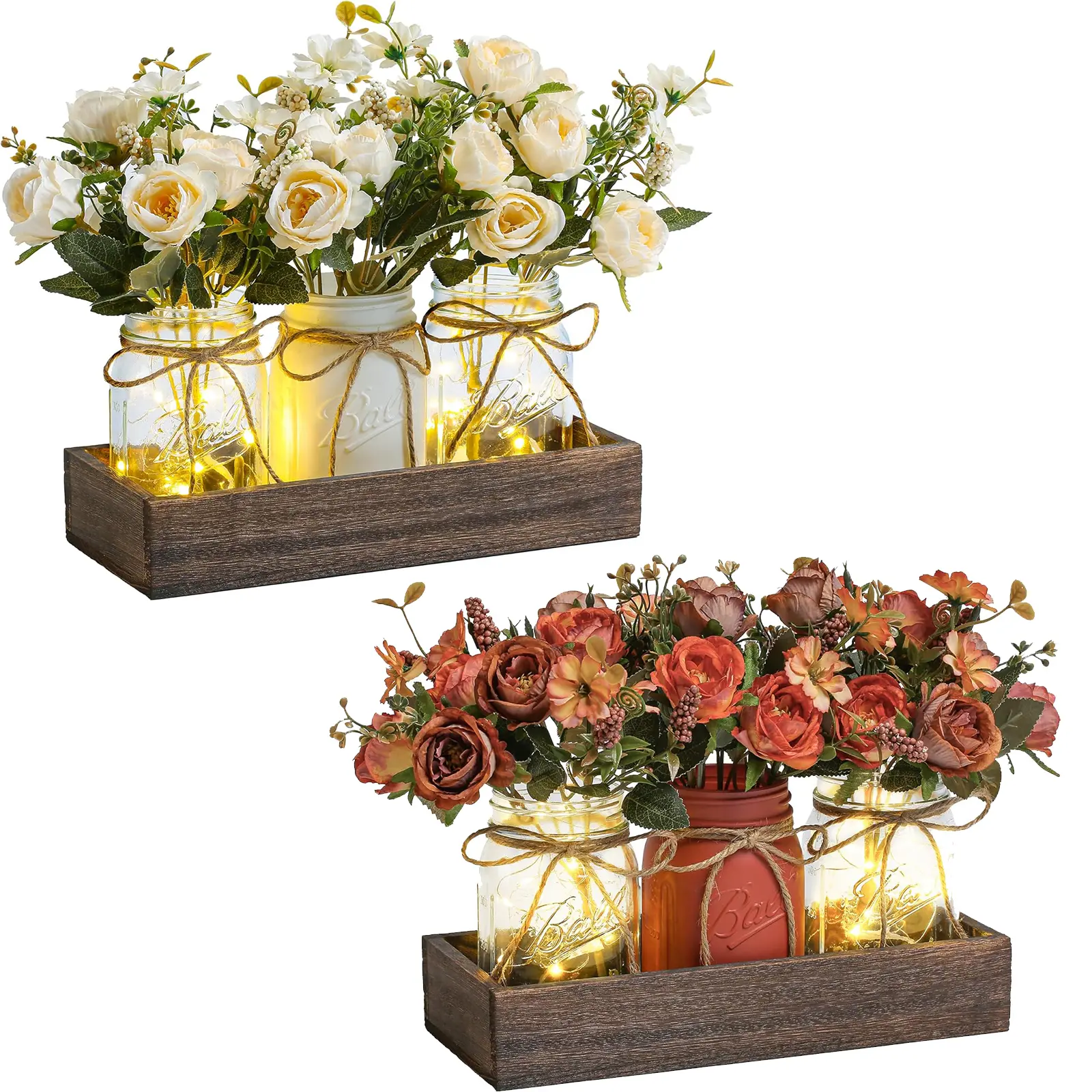 3-Piece Mason Jar Flower LED Light Set with Wooden Tray, Farmhouse Home Decor LED Atmosphere Lamp, Ideal for Dining Room, Living Room Led Multicolor