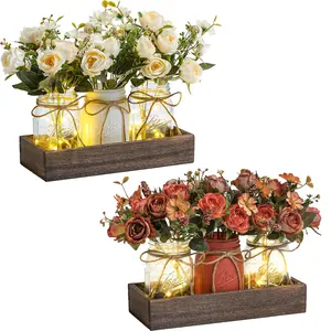3 Mason Jar Flower Light Set - Farmhouse LED Table Decor with Wood Tray, Perfect for Dining Room, Kitchen, Living Room, Bathroom