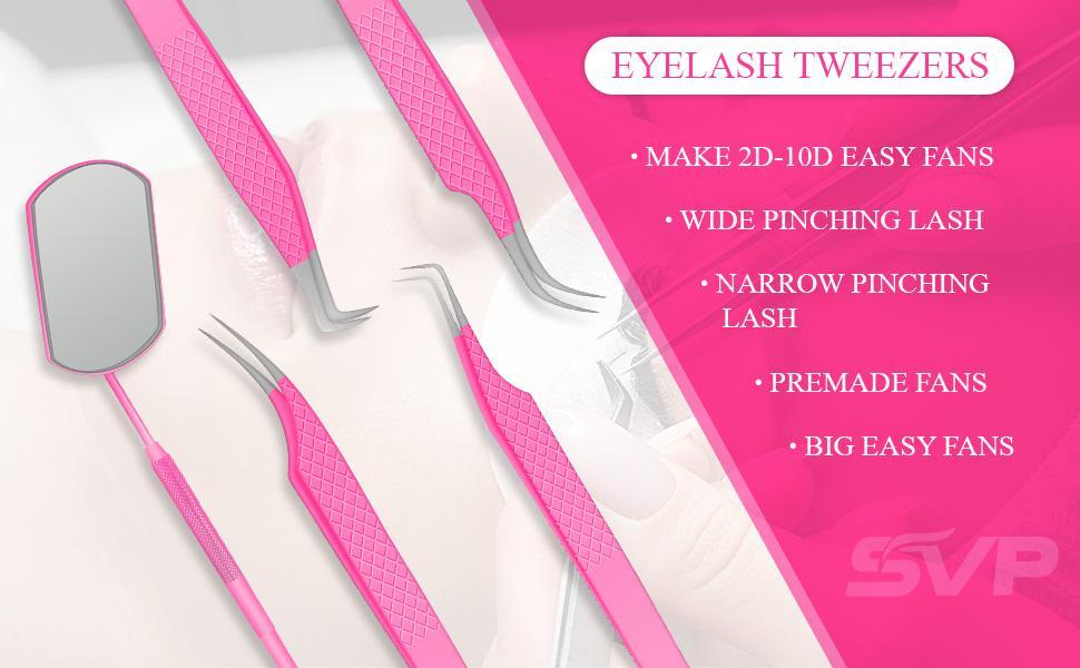SV Fiber Tip Lash Tweezers For Eyelash Extensions With Diamond Grip, Professional Lash Tweezers Set of 5 - Precise Tips Japanese Steel for Classic, Volume & Mega Volume Lashes with Travel Case Box