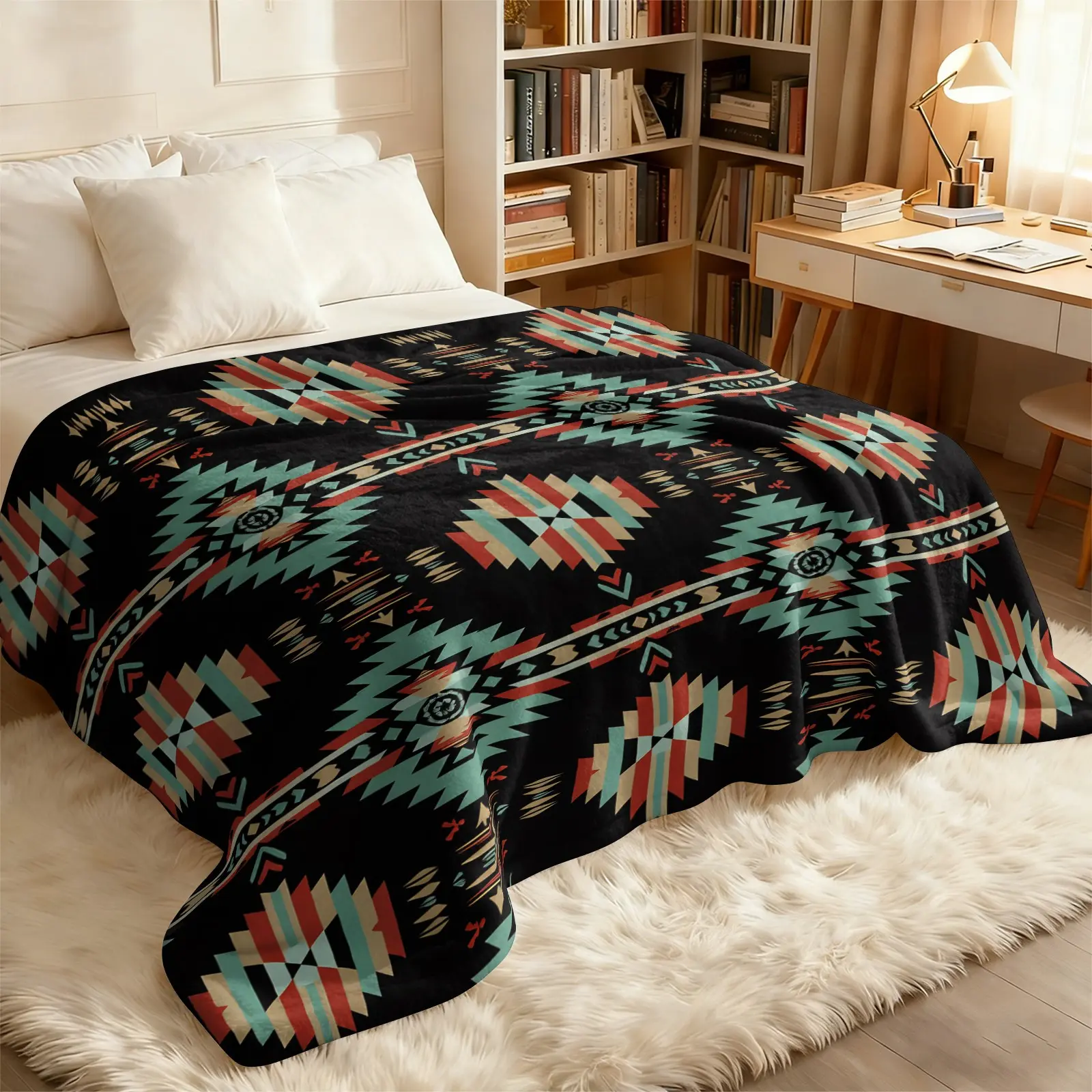 Black Aztec Print Flannel Throw Blanket, Southwestern Tribal Geometric Pattern Blanket for Summer Air Conditioner Room, Lightweight Cozy Blanket for Bed Sofa Cover Office Nap Car Camping Travel