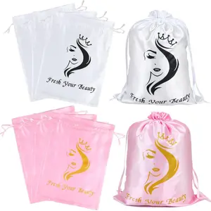6 Pcs Silk/Satin Wig Storage Bags, Drawstring Travel Bag for Bundles,Wigs,Hair Extensions,Gift(White, Pink)