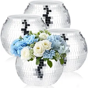 4 Pcs Disco Ball Vases,Disco Ball Centerpieces 6" X 6.7" Disco Ball Silver Mirror Disco Ball Planter Can Be Used for Wedding Centerpieces,Birthday,Office