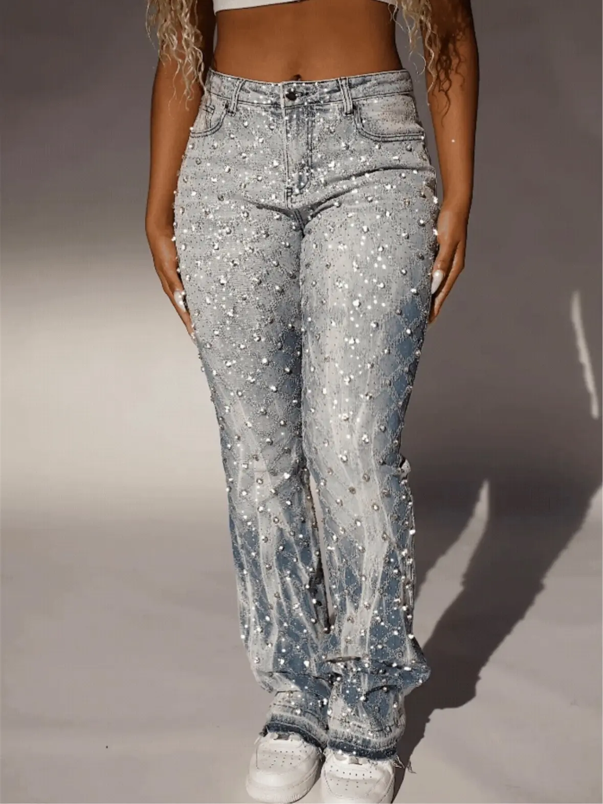 Women's Fashion Style Pearl Accents Wide-Leg Jeans, Denim Fabric Bottoms for Ladies