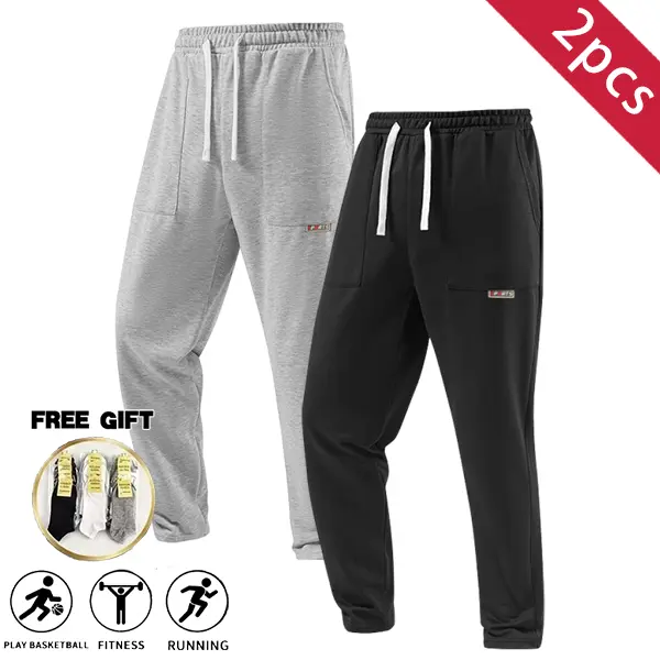 2PCS men’s lightweight jogger sweatpants, gray/black elastic drawstring waist casual long pants, loose fit with large pockets, breathable and skin-friendly, versatile for daily running, fitness, and basketball, tapered cuffs, includes socks