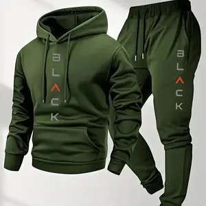 Men's Complete Outfit - Stylish Hooded Sweatshirt & Joggers Set with BLACK Print Gray Casual Streetwear Long Pants Matching Hoodie Perfect for Fall Winter Cozy Clothing Sporty Look Non Stretch Fabric