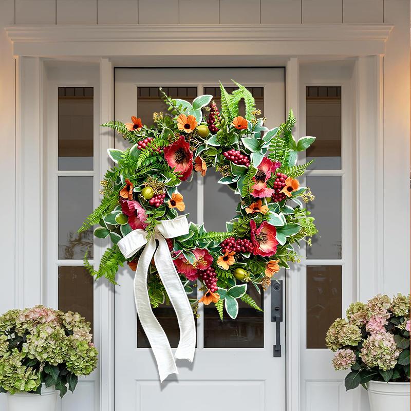 ZMOCEN-20" Faux Poppy Daisy Wreath with Berries - UV Resistant Weatherproof Greenery for Front Door, Porch & Farmhouse Window Decor - All Season Hanging Artificial Plant Wreath
