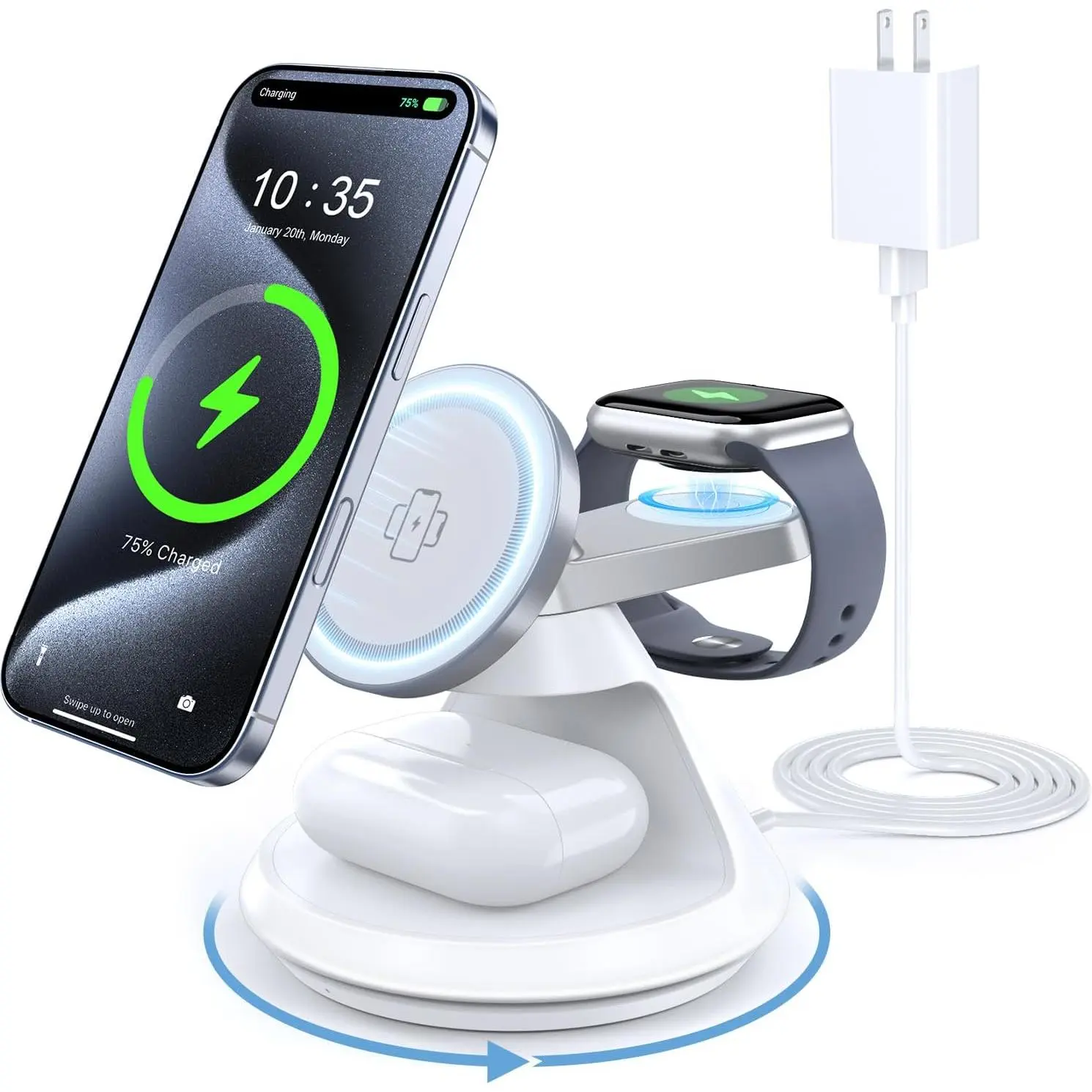 3 in 1 Charging Station for  MagSafe Charger Compatible, 15W Magnetic Wireless Charger Stand, 360? Rotating Dock, Wireless Charging Station for iPhone 16 15 14 13 12 Series for iWatch for AirPods