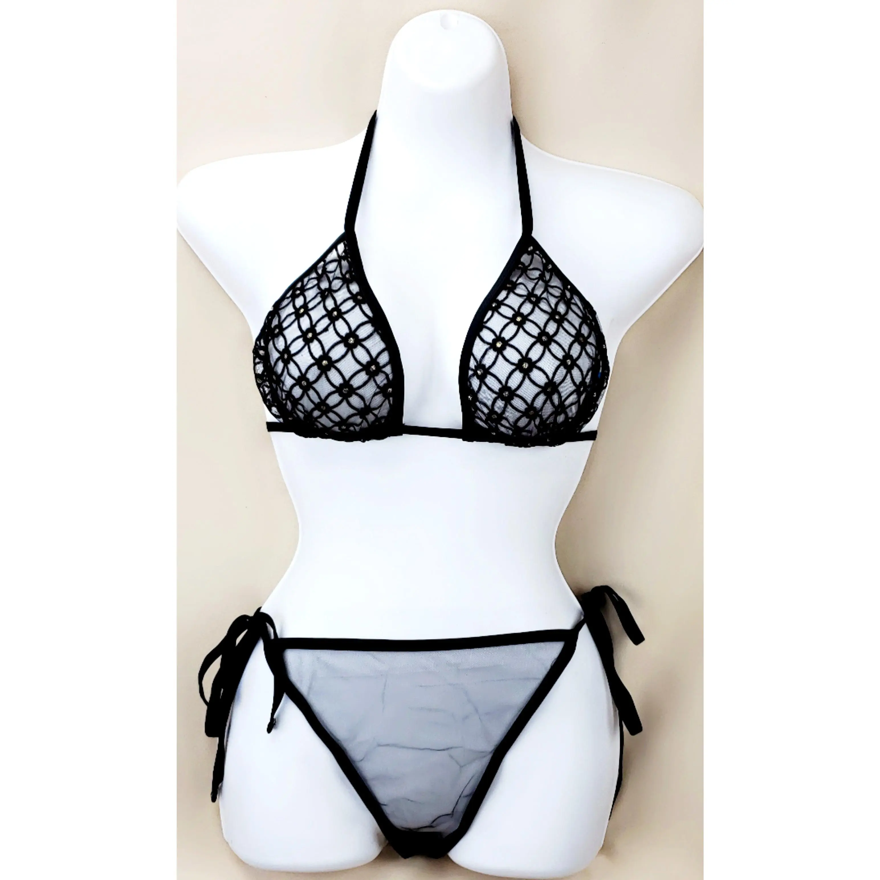 Black Fishnet Lace Diamond Embellished Bikini Set by Sheerswim