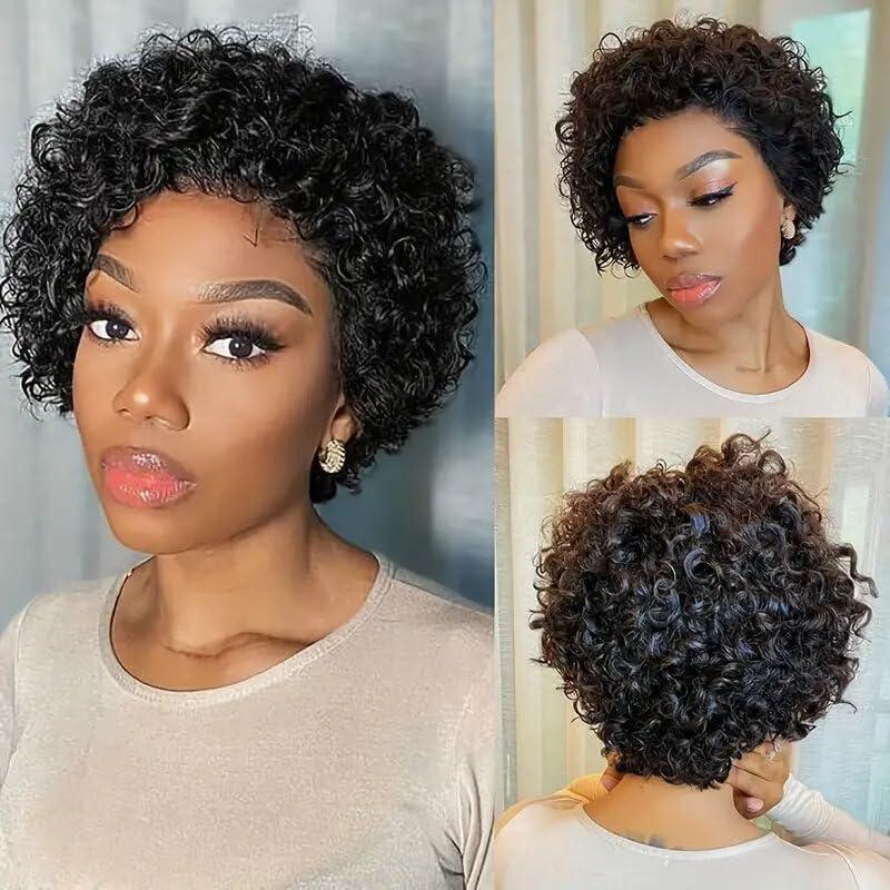 Loyom Pixie Cut Wig 6-inch Short Curly Human Hair Wig with Free Parting Brazilian Remy Hair Natural Hairline for Women Smooth Soft Versatile Durable Washable Dyeable