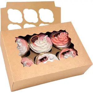 Auto-pop up 6 Cupcake Boxes with Window 20 Count Brown Box 9.4 x 6.1 x 3 inch Cupcake Carrier