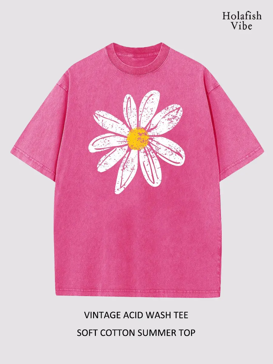 Holafish Unisex Relaxed Fit Cotton T-Shirt Daisy Drop Shoulder Print Soft Breathable Streetwear Essential for Everyday Wear and Versatile Style summervibes