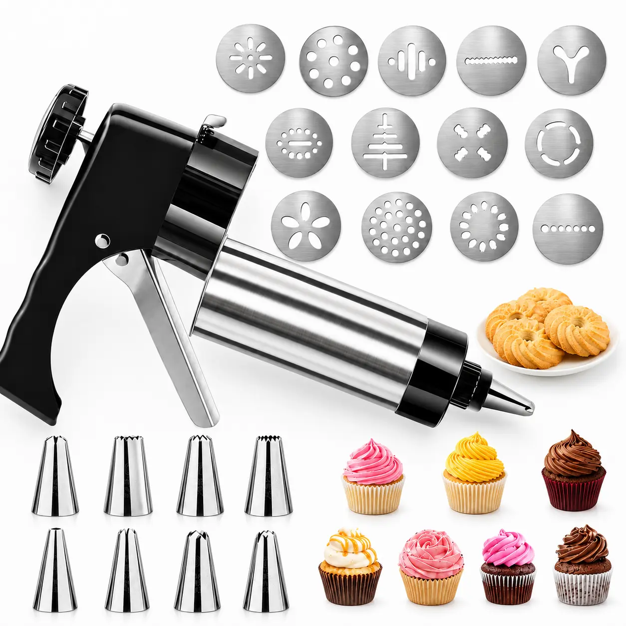 MIUVA Cookie Press  21 Piece Stainless Steel Cookie Maker Kit with 13 Discs and 8 Decorating Tips Baking Tool for Biscuits Cupcakes Cookies and Dessert Decorating
