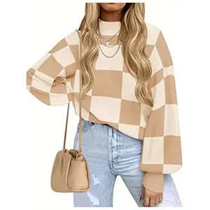 Women’s 2025 New Plaid Colorblock High-Neck Sweater – Loose Fit, Dropped Shoulders, Sizes S–XL, Perfect for Autumn/Winter Casual Outings & Everyday Styling, Cozy Knit Pullover