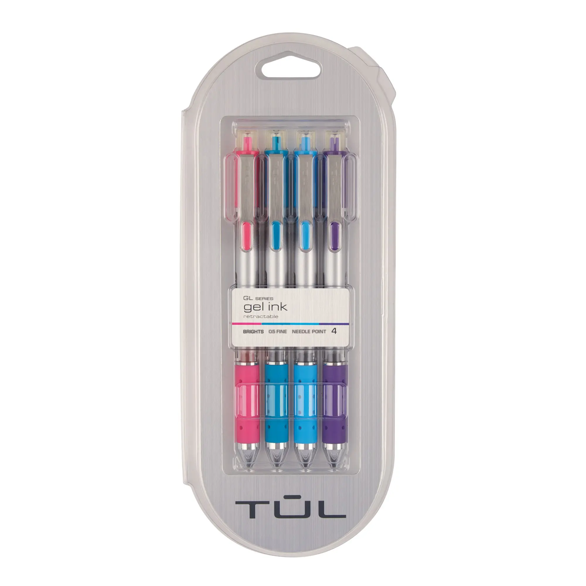 TUL GL Series Retractable Gel Pens, Needle Point, 0.5 mm, Silver Barrel, Assorted Ink, Pack Of 4