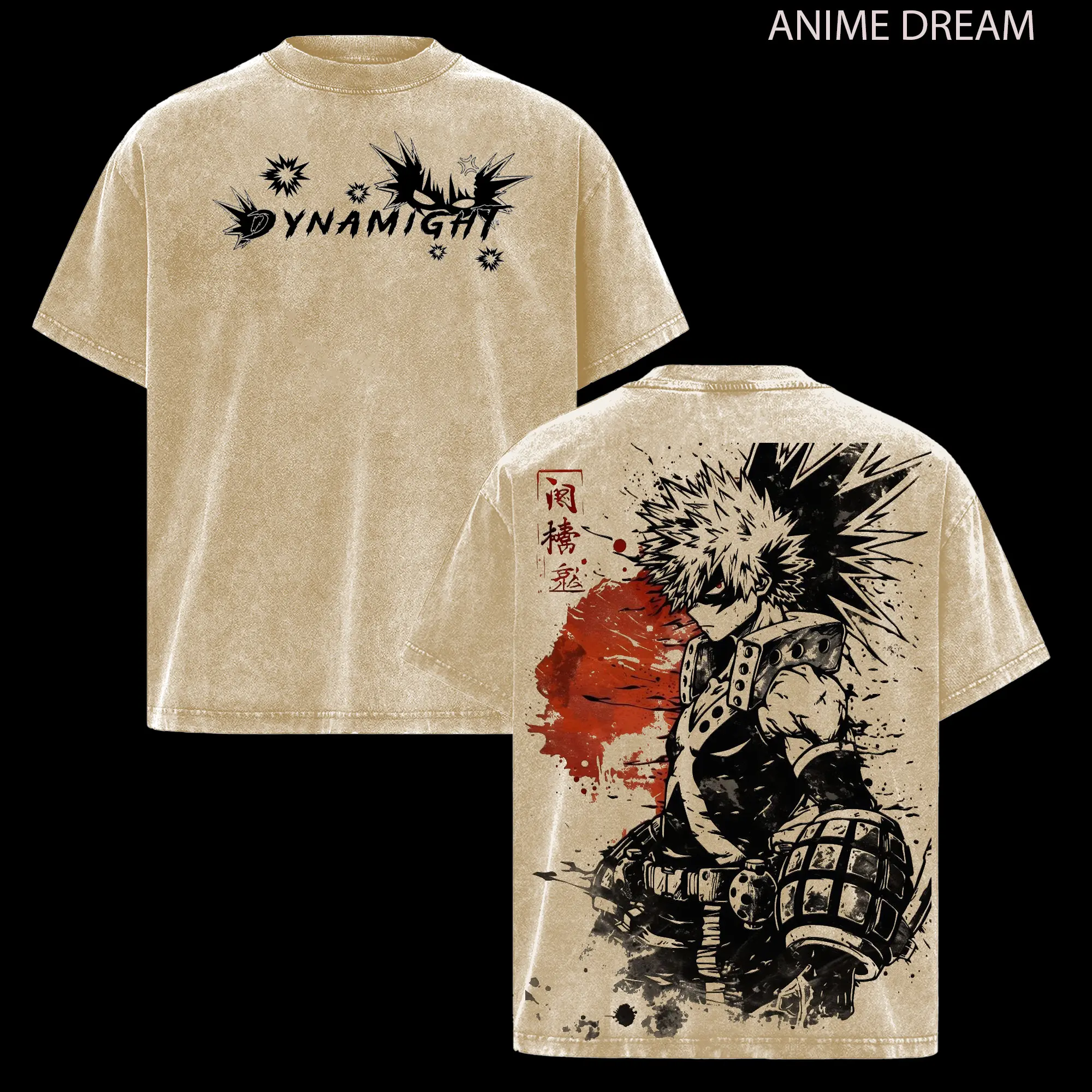 Katsuki Bakugo My Hero Academia Anime Double Printed Vintage Washed Tee Unisex Oversize Anime Manga Washed Heavyweight Cotton T-shirt