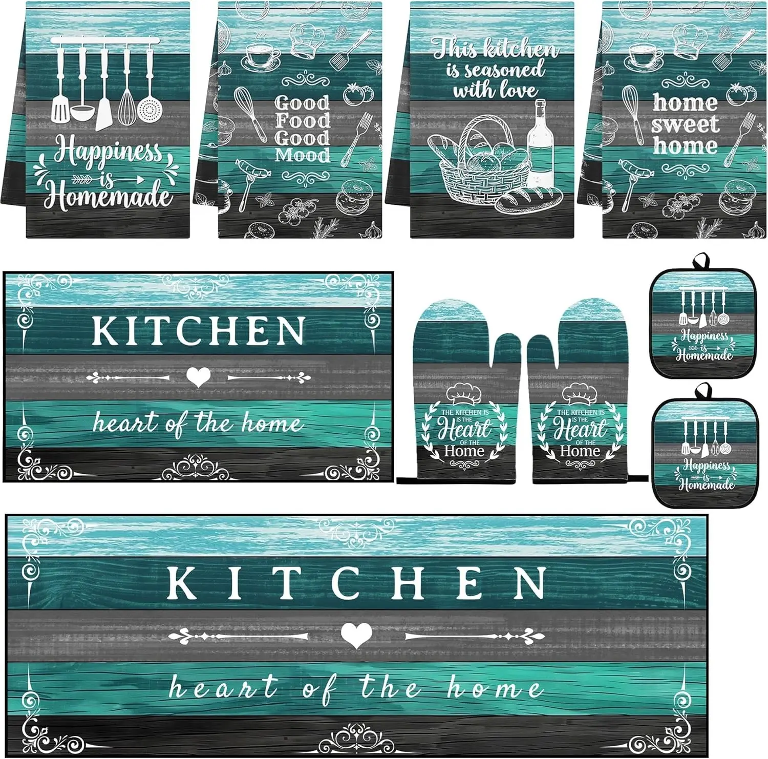 10 Pcs Teal Turquoise Kitchen Decor and Accessories Set, 4 Dish Towels Kitchen Rugs 2 Oven Mitts 2 Pot Holders, Home Decor for Cooking Baking BBQ Gifts Women Mom Housewarming