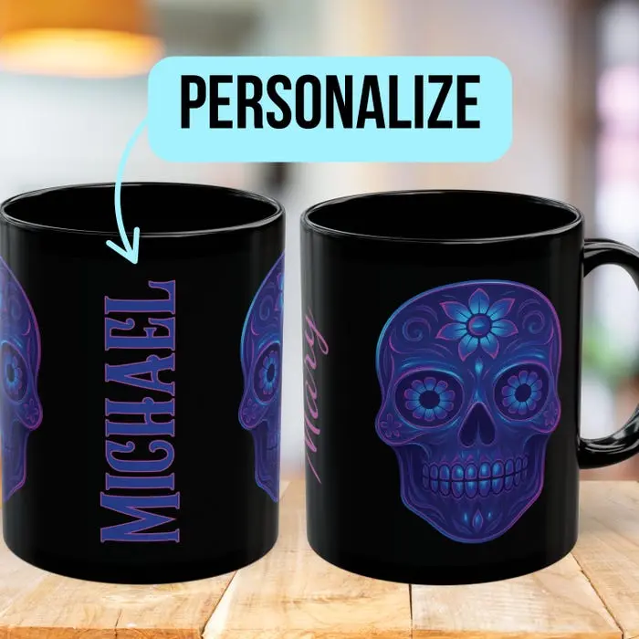 Personalized Neon Sugar Skull Black Mug, Dia de los Muertos Ceramic Mug, Day of the Dead Coffee Mug, Gothic Kitchen Decor,  Ceramic Mug#2350