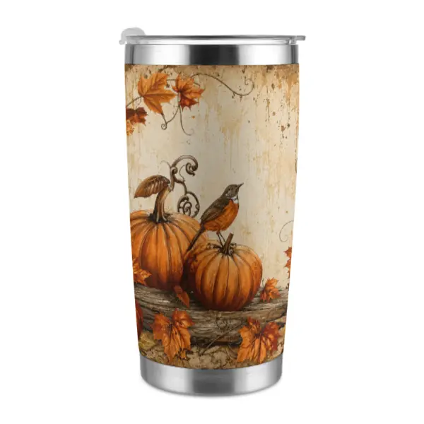 40oz Fall Pumpkin Tumbler with Handle, Vintage Autumn Bird Insulated Cup, Rustic Farmhouse Style Stainless Steel Travel Mug with Lid, Double Wall Vacuum Thermal Drinkware for Hot Cold Drinks, Cozy Thanksgiving Halloween Gift for Family Friends