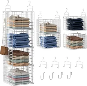 4 Tier Metal Hanging Closet Organizer, Wire Storage Shelf with 4 Hanging Hooks & 4 S-Hooks, Storage Organizer for Wardrobe Laundry Room, for Holding Clothes Sweaters Pants, White