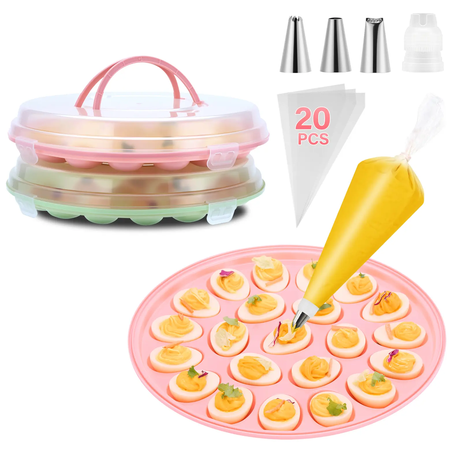 PAHTTO 2 Pack Stackable Deviled Egg Container with Lid for Easter, Picnic | Deviled Egg Container with Handle, 44-Slot Egg Carrier Tray for Fridge Storage, Easter, Christmas, Parties, Dishwasher
