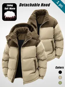 Men's Hooded Colorblock Cotton Quilted Puffer Jacket, Winter Thickened Anti-Cold Windproof Coat, Detachable Hat, Warm Fashionable Fall Winter Choice