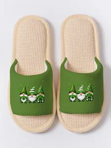 St. Patrick's Gnome Clover Print 1 Pair Cozy Non-slip Linen Slippers, Breathable Lightweight All Season House Shoes for Women Men Family Guest Daily Wear