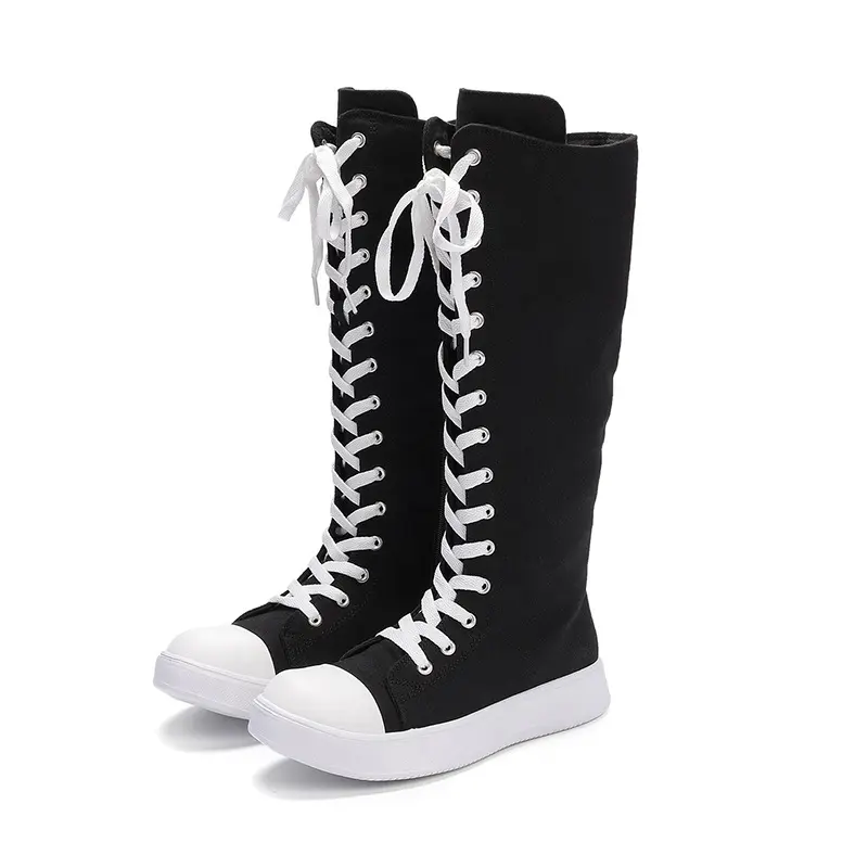 Women'S Plus-Size Winter Warm Round-Toe High-Top Lace-Up & Side-Zip Knee-High Boots - Minimalist Solid Color Flat Heel, Durable Rubber Sole, Easy On/Off, Versatile Casual & Formal Shoes for Autumn and Winter (Canvas Upper) - 2025 New Design for Casu