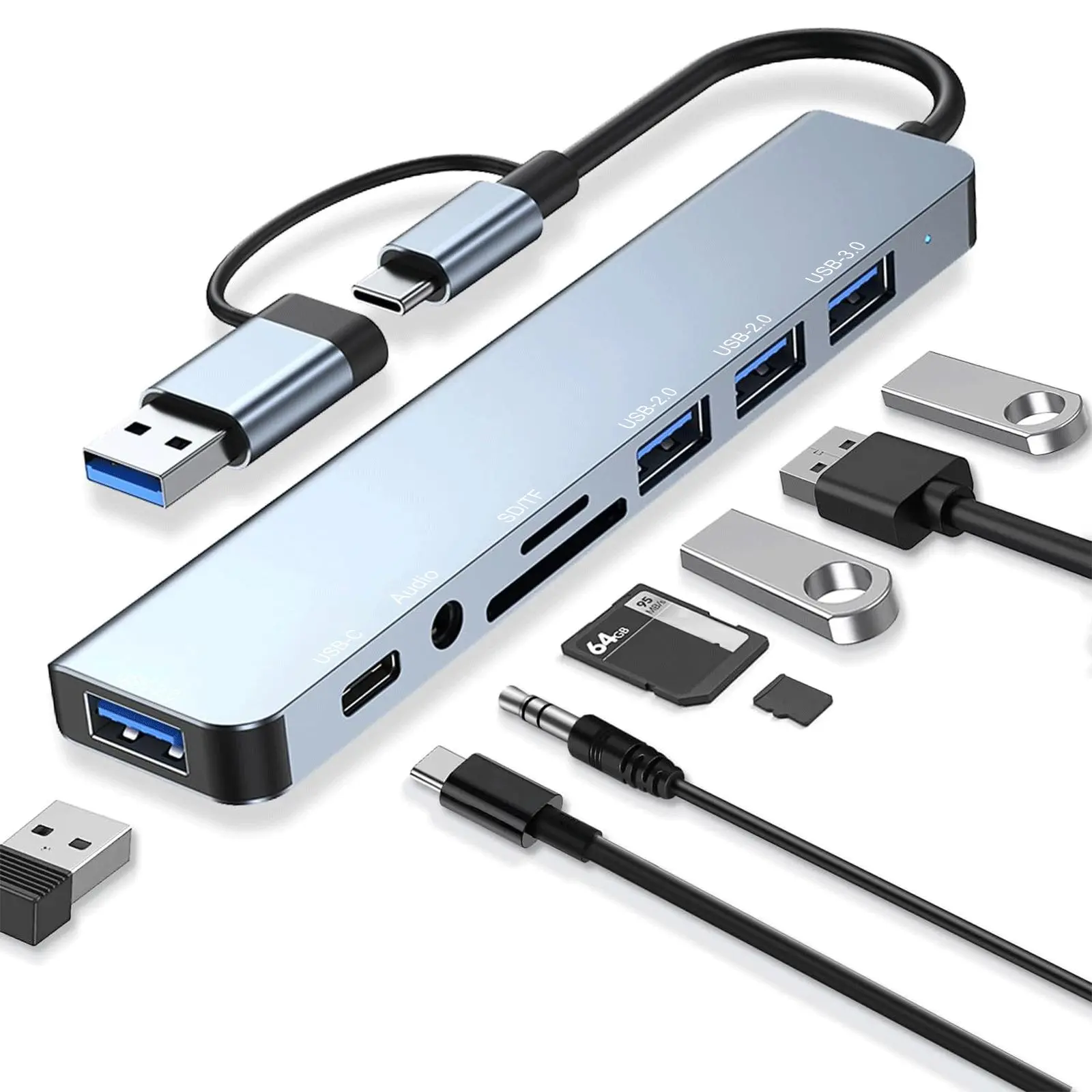 8-In-1 USB Hub, USB C Extender, USB C Interface, Multifunctional USB Splitter for Laptop with 4 USB Port, Audio Output Adapter, USB Port Adapters Compatible With MacBook Pad Pro Dell HP, USB Extension, Multiple USB Port