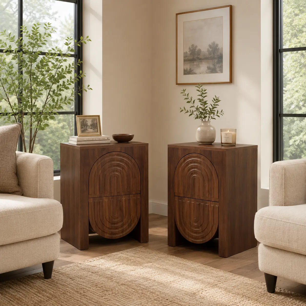 【Backtoschool】SZLIZCCC Set of 2 Fluted Nightstands with 2 Drawers – Modern Semi-Circular Design, Push-to-Open Drawers, Ldeal for Living Room & Bedroom (Walnut)