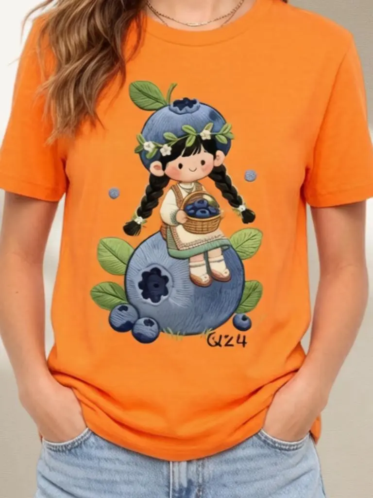 Women's Round Neck Short-Sleeve Kawaii Boho Graphic T-Shirt - Kawaii Braided Little Girl, Giant Blueberry Basket, Floral Leaf Vintage Embroidery Print - Breathable Soft Fabric, Cottagecore Beach Top, Viral TikTok Trendy Casual Summer Tee, Cap Sleeve, Brea