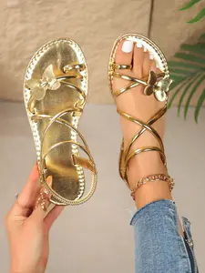 Butterfly Decor Sandals, PU Leather, Rubber Sole, Fashion Plain Design, Less Than Ankle Height, Comfortable Summer Footwear