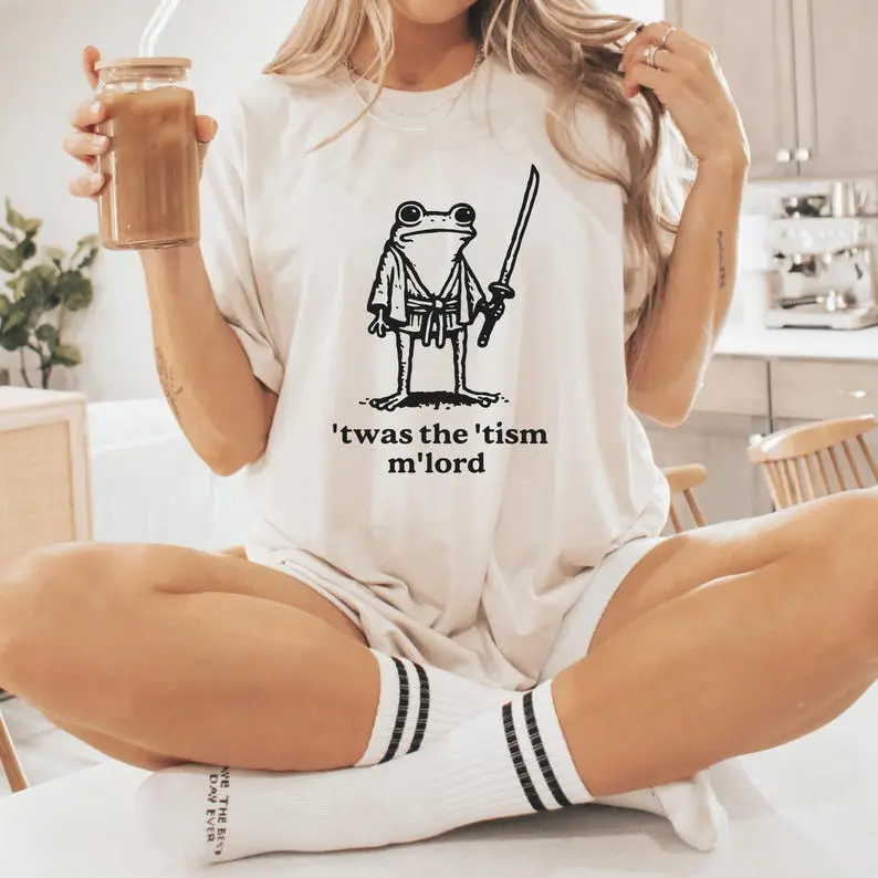 Soft Printed Unisex T-Shirt with 'T'was The 'tism M'lord' Frog Meme - Vintage Weirdcore Style, Casual Wear for Neurodiversity & Autism, Fabric, Piece