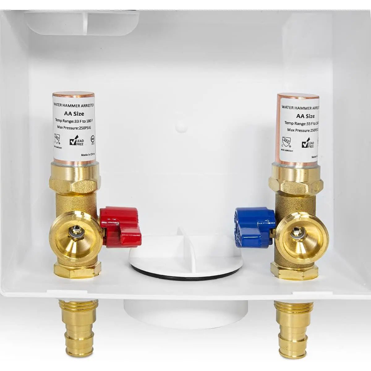 Lead-Free Washing Machine Outlet Box (WM013) with 1/2" Pex-A Inlet F1960 Expansion Connection, 3/4" MHT Outlet, Copper Water Hammer Arrestor, Center Drain, Side Drain Design, Brass 1/4 Turn Hot & Cold Ball Valves, 9.25x3.5x8" Dimensions