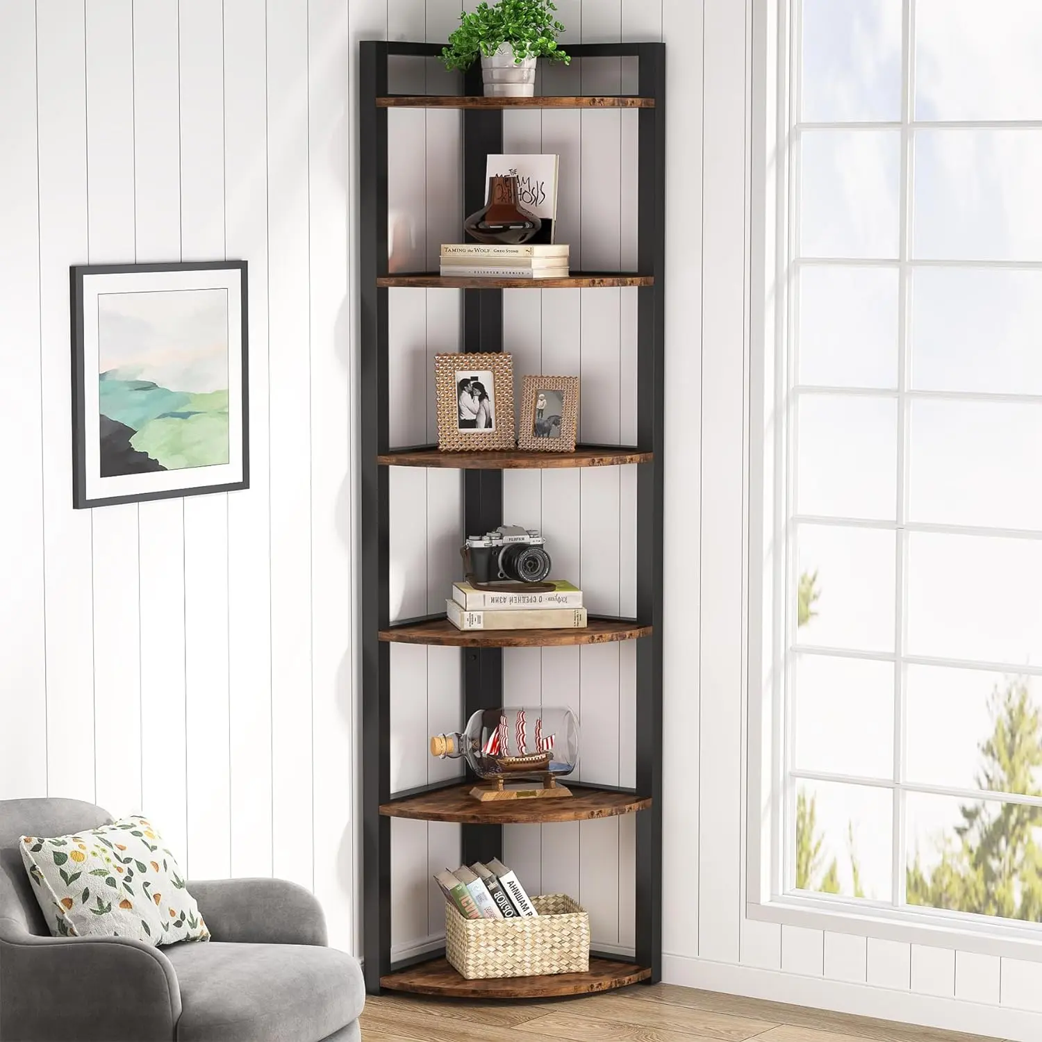 Tribesigns 5 Tier Corner Shelves, Rustic Industrial Corner Bookshelf Bookcase Tribesigns 5 Tier Corner Shelves, Rustic Industrial Corner Bookshelf Bookcase