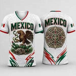 Men's Graphic V-Neck T-Shirt, 2026 Mexico Inspired Short Sleeve Tee with Eagle Serpent Print, Aztec Calendar Back & Flag Accents, Futbol Streetwear Top, Shortsleeve