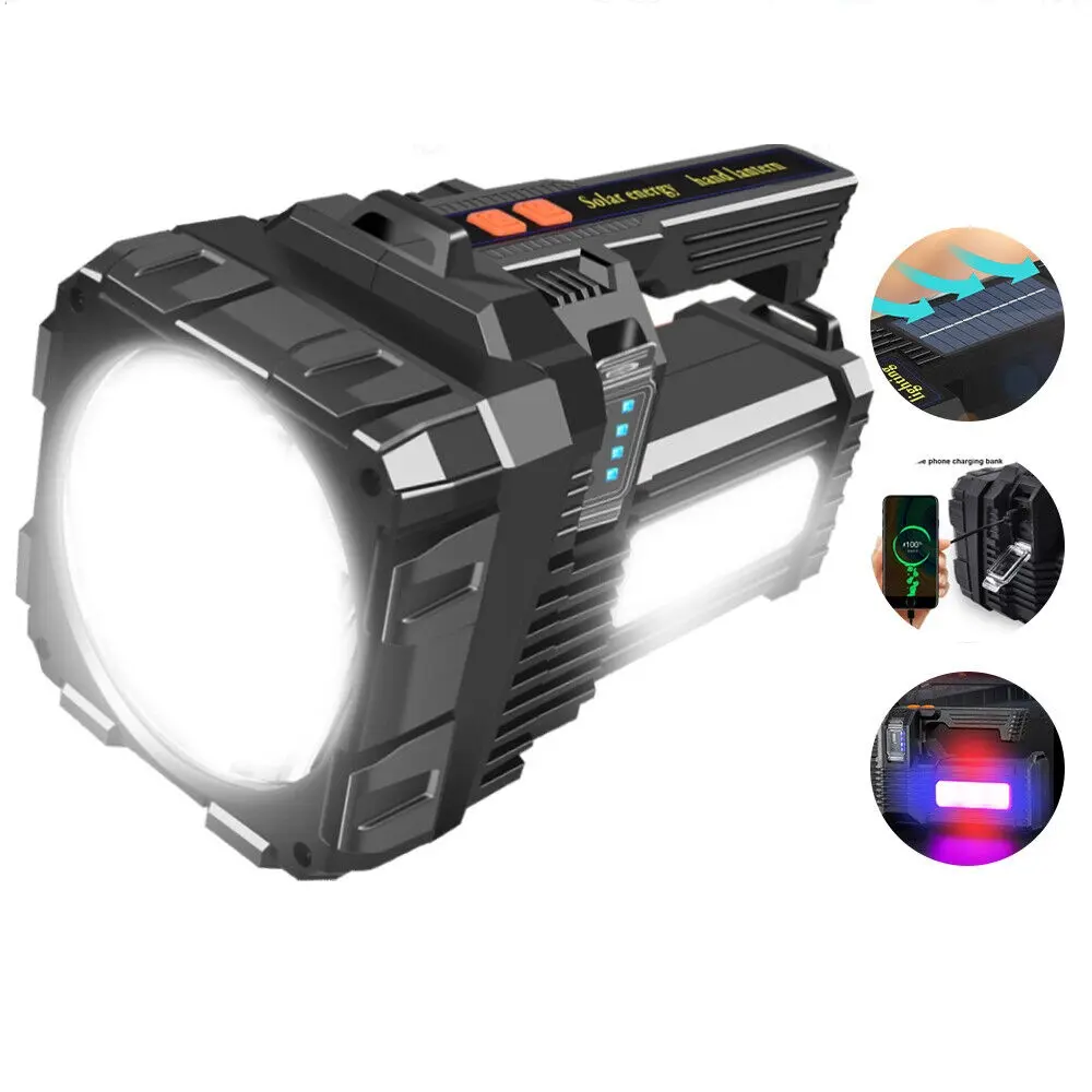 High Lumens Rechargeable Powerful Solar LED Searchlight - USB Rechargeable, 6 Modes, Long Standby, Battery-Powered Cordless Portable Outdoor Worklight for Camping, Hiking, High Lumens Flashlight, Rechargeable Powerful Flashlights