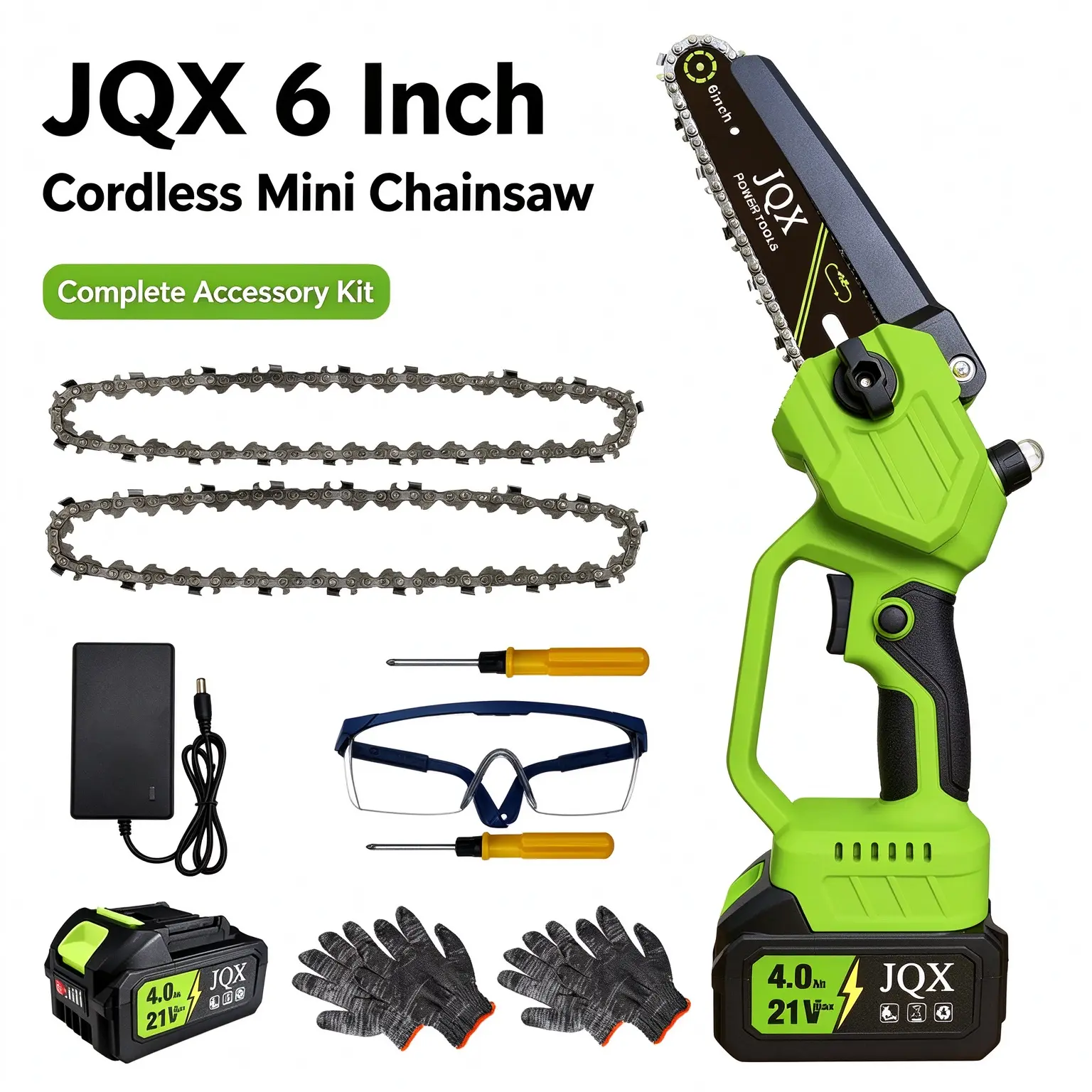 JQX 6 Inch Cordless Mini Chainsaw, 21V 4.0Ah Electric Handheld Chainsaw with 2 Batteries & Full Accessories