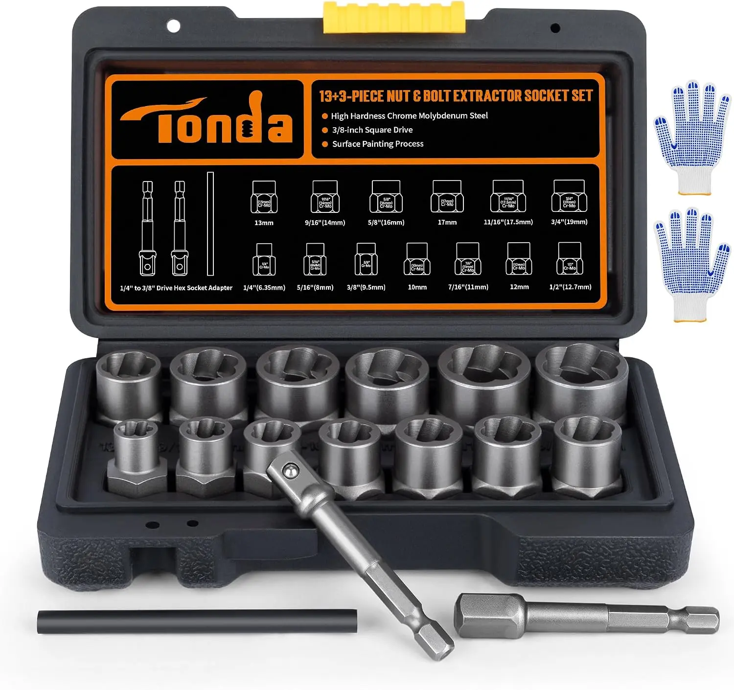 TONDA Bolt Extractor Kit, 16-Piece Stripped Bolt Remover Socket Set with 3/8" Drive Impact Adapter & Knock-Out Pin and Gloves, Heavy Duty Bolt Extractor for Rounded, Rusted, Broken Nuts & Screws