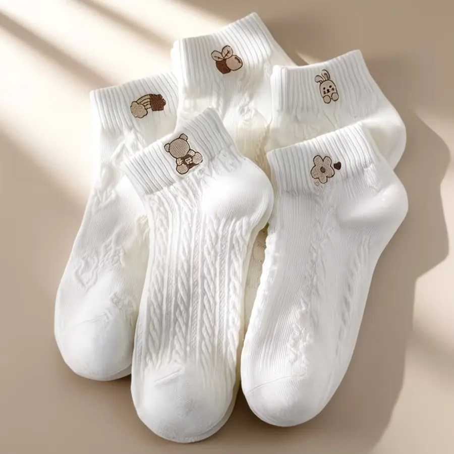 Women's White Low-Cut Socks, 4/5/10 Pair Pack with Cute Cloud & Rabbit Pattern, Soft Breathable Minimalist Socks for Easter & Everyday Wear, Thanksgiving, Comfortable, Socks For Women