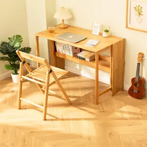Bamboo Folding Desk Space-Saving Computer Desk for Small Spaces Foldable Study Table for Bedroom Home Office Dorm Apartment Sturdy Durable Multi-Purpose with Large Storage