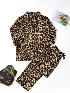 Women's Leopard Print Satin Pajama Set, Long Sleeve Button Front Top & Pants, Fall Winter Sleepwear, Comfortable Home Wear