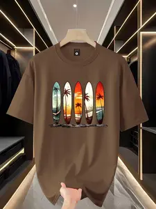 Men's Short Sleeve T-Shirt Summer Surfboard Coconut Tree Sunset Print, American Beach Vacation Casual Style, Loose-Fitting Long Top